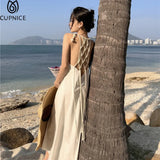2022 Summer Solid Halter Knitted Backless Maxi Dress for Women Sexy Beach Holiday Vintage Tassels Robe New