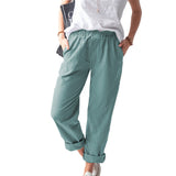 Linen Trousers Solid Color Elastic High Waist
