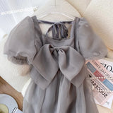 French Vintage Elegant Mesh Dresses Women Summer Blue Retro Puff Sleeves Bow Evening Party Sweet Princess Fairy Dress