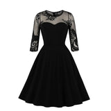 Mesh Black Gothic Dress Women Sexy Half Sleeve Round Neck Patchwork Perspective Party Swing Vintage