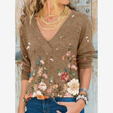 YX Women's Clothing Autumn and Winter New Fashion Women's V-neck Flower Print Long-sleeved Casual Loose T-shirt Plus
