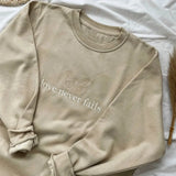 Love Never Fails Butterfly Embroidered Khaki Crewneck Sweatshirt- Outfit