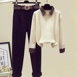 Zingj Suit Female Autumn Winter New Retro Niche Long Sleeve Fake Two Sweaters High Waist Warren Small Feet Woolen Pants-Outfit