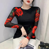 S-3XL Girls Fixed Printing Mesh T-Shirts Tees Female Full Sleeve O Neck Stretchy Tshirt Black Tops Women 2023