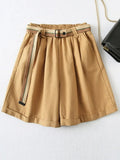 Women Vintage Khaki Wide Leg Shorts with Belt Pockets Female Retro Casual Shorts Pantalones