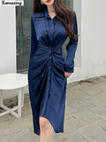 Autumn Women Fasion Split Midi Dress Office Lady Casual Bodycon Dress Chic Female Shirt