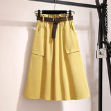Knee Length Summer Autumn Skirt Women No Belt Casual Cotton Solid High Waist Sun School Skirt