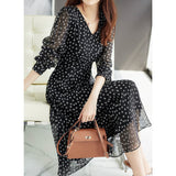 Summer Fashion V-neck Dot Print Waist Midi Dress Women's Simple Temperament Holiday Casual Dresses Long Sleeve