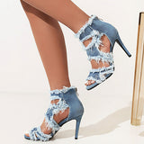 Sgesvier Stiletto High Heels Gladiator Sandals for Women Cutout Jean Denim Tassel Fringe Sandal Shoes Summer Ladies size