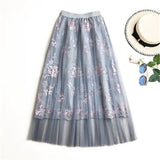 Embroidered Mesh Skirt Emale Spring Long Fairy Skirt Elastic Wasit A Line Flower Women Pleated Skirt Party