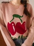 Women's Pink Cherry Sweater 2022 Autumn Winter Korean Color Contrast O-Neck Sweet Soft Warm Wool Knitted Tops