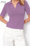 Summer Knitted Polo T shirts Women 2023 Purple Short Sleeve Sweater Elegant Tees Slim Tshirts For Women Sweater