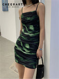 Y2K Tie Dye Sundress Mesh Bodycon Slip Dress For Women 2022 Summer Backless Mini Spaghetti Strap Dress Fashion