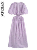 Women Fashion Floral Embroidery Poplin Hollow Out Midi Dress Vintage Puff Sleeve Backless Female Dresses
