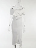 Off Shoulder Midi Dress Women Split Folds With Belt White Elegant Bodycon Sexy Party Chic Christmas New Year