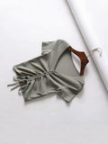 V Neck Cropped Tank Tops Women Drawstring Tie Up Front Camis Candy Colors Streetwear Slim Fit Ribbed Crop Top