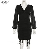 Mesh Long Sleeve V-Neck Solid Sexy Slim Drawstring Ruched Lady Dress 2021 Autumn Sexy Party Night Dresses