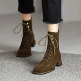 Lace-Up Short Boots Female Thick With Soft Leather Frosted Autumn Winter New Fashion Retro Simple Square Head In The Heel Martin