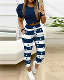 Fashion Women Fall Elegant Casual Print Top & Stripe Pocket Design Pants Sets Lady Pre-Fall Sexy Long Pants