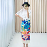 Folded Mermaid Color Print Dress Girl Tight Waist High Wrinkles Straight Midskirt