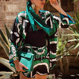 Leaves Print Fashion Women Kimono Smock Blouse 3 PCS Of Optional Cute Bow Sashes Casual Shorts Elastic Waist
