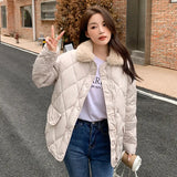 Design Sense Splicing Lamb Wool Collar Light Diamond Cotton Clothes Female Autumn And Winter New Korean Version Of Chic Casual Warm Cotton-Padded Jacket-Outfit