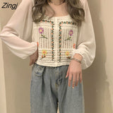 Women Print Casual Simple Hollow Out Teens Square Collar Daily Vintage Harajuku Crop Chic Comfortable College Loose