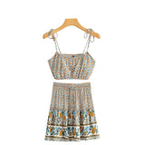 Queens Fashion Women Floral Print Strap Sleeveless Tops Bohemian Drawstring Mini Skirts 2 Pieces Rayon Cotton Boho