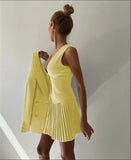 Solid V-neck Vest And Pleated Mini Skirt Set-Outfit