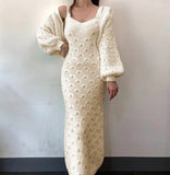 Knitted Single-breasted Lantern Sleeve Cardigan Sweater Coat V Neck Sleeveless Spaghetti Strap Sweater Dress 2 Piece