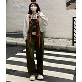 Women's Casual Suspender Overalls Vintage Fashion Straight Wide Leg Pants Tooling Style Baggy Mopping Trouser All