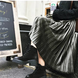 2020 Women Long Metallic Silver Maxi Pleated Skirt Midi Skirt High Waist Elascity Casual Party