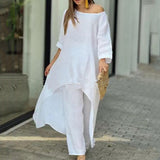 Cotton Linen Long Blouse Korean Fashion Wide Leg Pant Two-piece Set Irregular Women Casual Suit Loose Femme Outfit