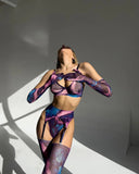 Mesh Printed Tie Dye Lingerie Set With Stocking Sleeve-Outfit