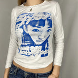 Gothic Print T-shirt Women Long Sleeve Slim Fit Crop Top Y2K Aesthetic Spring Autumn Sweats Tees Top Harajuku