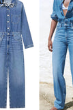 Blue Denim Jumpsuit Women Elegant Long Jumpsuits Woman 2023 Long Sleeve Jean Woman Jumpsuit Straight Leg Summer
