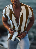 Mens Shirt Summer Streetwear Casual Short Sleeve Turn-down Collar Button Shirts Men Vintage Striped Print Cardigan