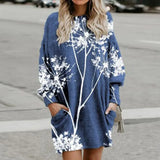 Women Long Sleeve Crew Neck Mini Dresses Casual Loose Floral Printed Fashion Pullover Dresses Autumn Winter Sweatshirts