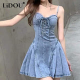 Summer Nightclub Fashion Sexy Denim Bandage Pleated Mini Strap Dress Women Sleeveless Party Dresses Vestidos Fiesta
