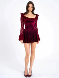 Red Velvet Long Sleeve Flare Mini Dress-Outfit