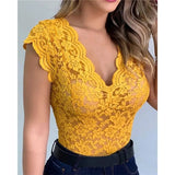 Women Slim Tunic Lace V Neck T-shirt 2022 Sexy Elegant Summer Short Sleeve T Shirt Lace Flower Tops