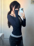 Vintage Fashion Long Sleeve Fake Two Piece T-shirt Womens Harajuku Patchwork Streetwear Grunge Contrast V Neck Shirts