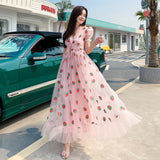 dress Sequined Embroidery Cascading Ruffle Maxi Dress Women summer V-neck Puff Sleeve Bow Pink Tulle Mesh Long