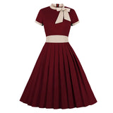 Turquoise Pleated Party Midi Dress 50s Women Cotton Vintage High Waist Pocket Swing Dresses Bow Tie Neck Robe