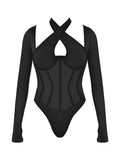 Mesh See Through Slim Bodysuit Women Long Sleeve High Waist Sexy Bodycon Hollow Out Cross Collar Female