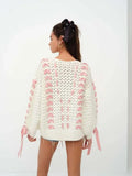 White Knit Pink Ribbon Lace Up Sweater-Outfit