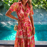 Spot Women's Fashion Temperament Short Sleeve Print Long Large Pendulum Bohemian