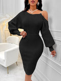 Hot Selling Single Shoulder Lantern Sleeve Solid Color Collect Purse Hip Dress Sexy Wind Women's