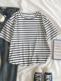 Short Sleeve Korean O-Neck Casual Fashion Shirt Camiseta Feminina Tops T Shirt Women Solid Color Striped Punk