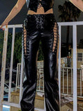 Cut-out Lace Up Pu Leather Pants-Outfit